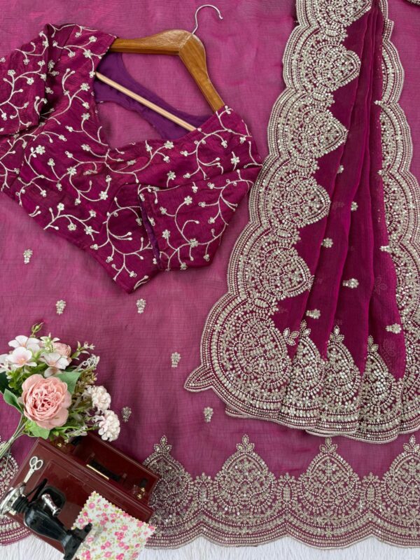 Designer Fendi Chiffon Saree with Thread & Sequins Embroidery - Image 7