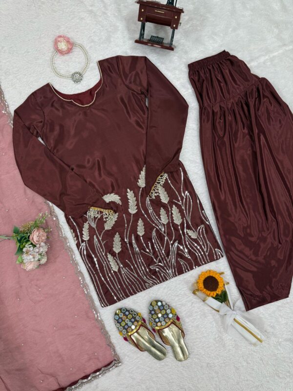 Chocolate Brown Embroidered Patiala Suit with Dupatta – Ethnic & Festive Wear - Image 6