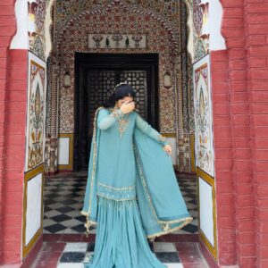 Sea Mist Embroidered Sharara Set with Dupatta Premium Party Wear