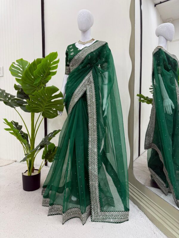 Elegant Designer Organza Silk Saree with Thread, Sequin & Diamond Work - Image 4