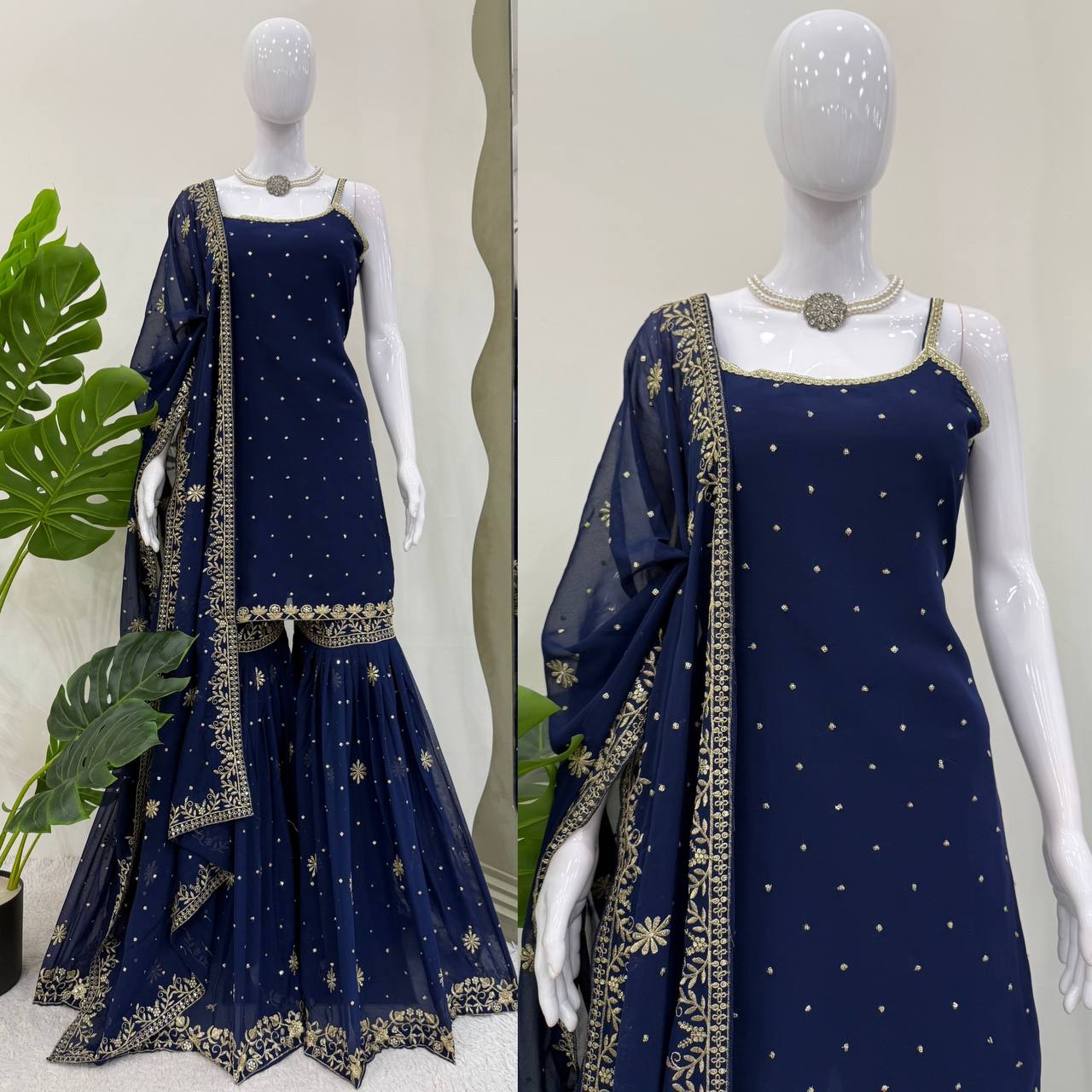 Elegant Midnight Blue Embroidered Sharara Set with Dupatta - Image 5