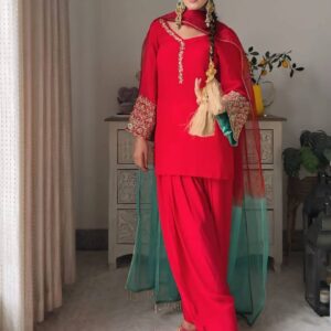 Classic Red Punjabi Patiala Suit with Embroidered Sleeves and Contrast Dupatta