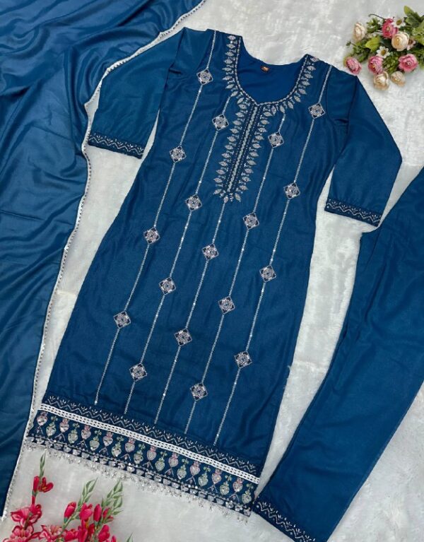 Midnight Teal Embroidered Straight Kurta Set with Dupatta - Image 4