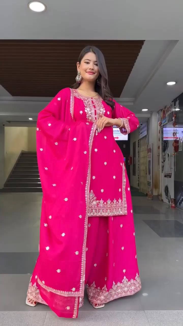 Hot Pink Embroidered Sharara Suit with Dupatta – Festive & Wedding Wear - Image 7