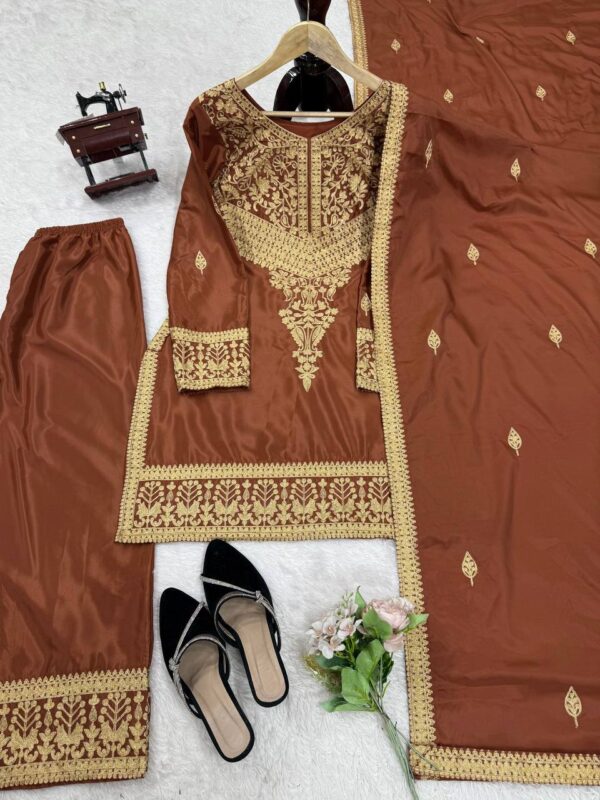 Coffee Brown Embroidered Silk Suit Set with Dupatta – Festive & Party Wear - Image 6