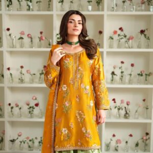 Mustard Floral Embroidered Straight Kurta Set with Contrast Green Palazzo