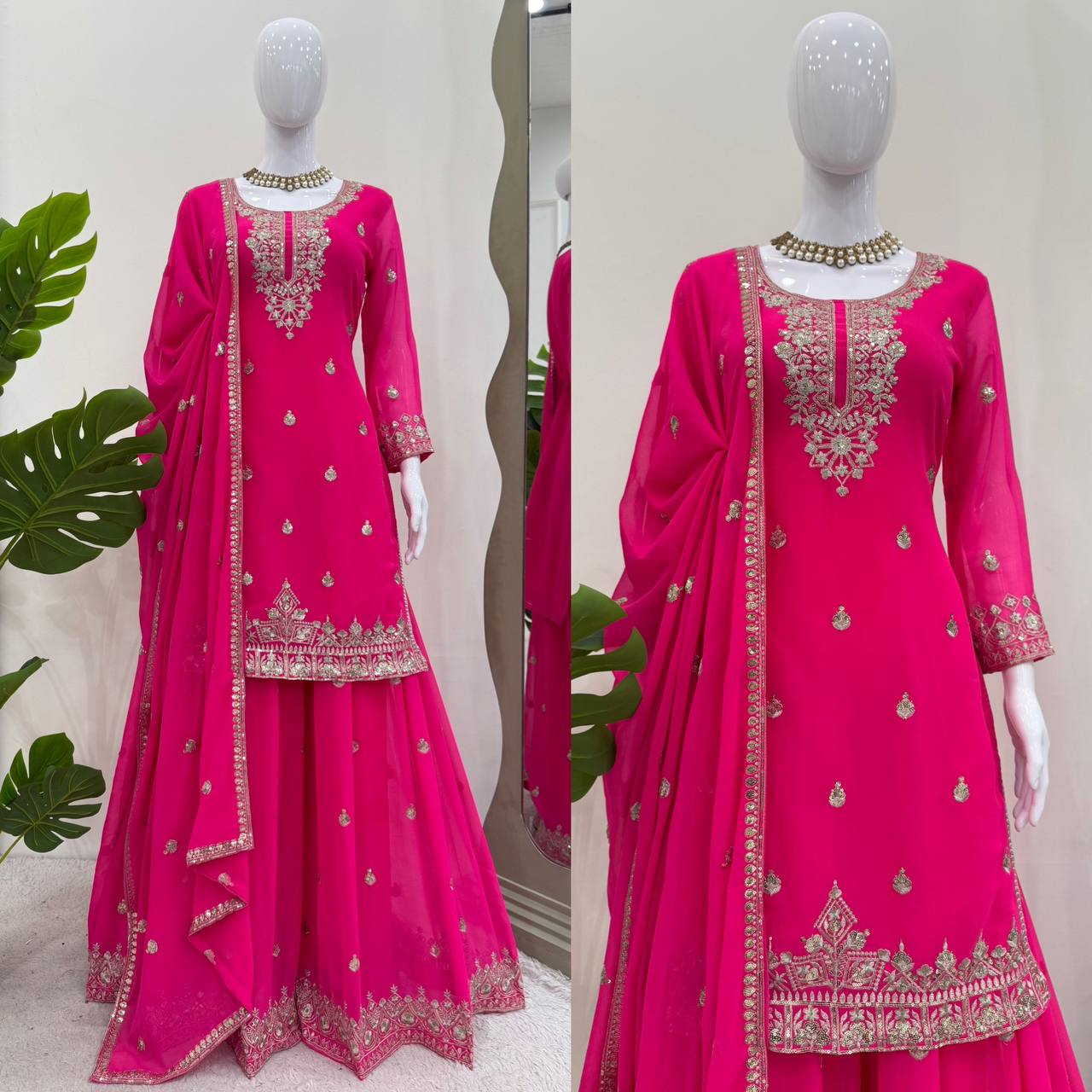 Hot Pink Embroidered Sharara Suit with Dupatta – Festive & Wedding Wear - Image 5