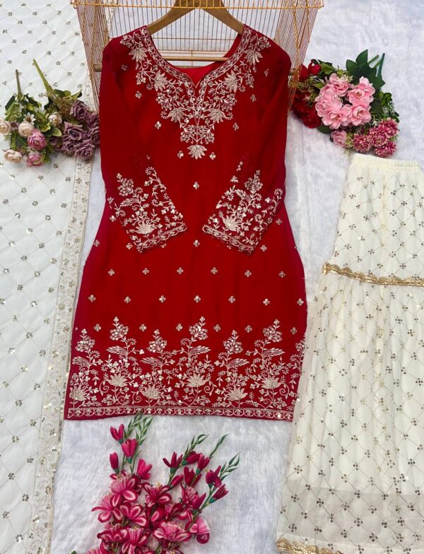 Embroidered Sharara Suit with White Net Dupatta - Image 6