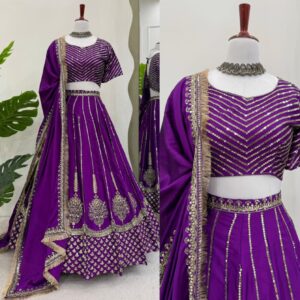 Premium Bottle Green Chinon Silk Sequins Embroidered Lehenga Set