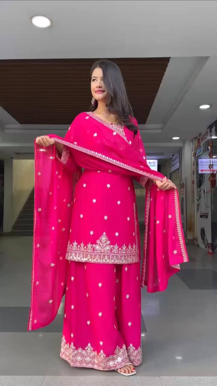 Hot Pink Embroidered Sharara Suit with Dupatta – Festive & Wedding Wear - Image 6