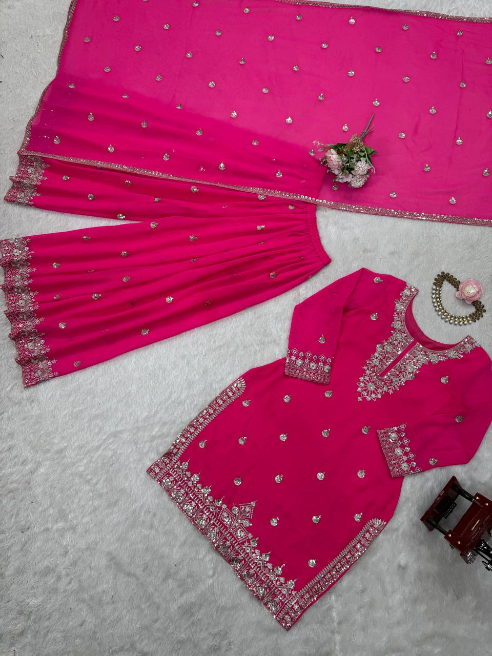 Hot Pink Embroidered Sharara Suit with Dupatta – Festive & Wedding Wear - Image 2