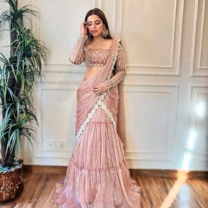 Blush Pink Designer Ruffle Saree with Embroidered Blouse – Party & Reception Wear