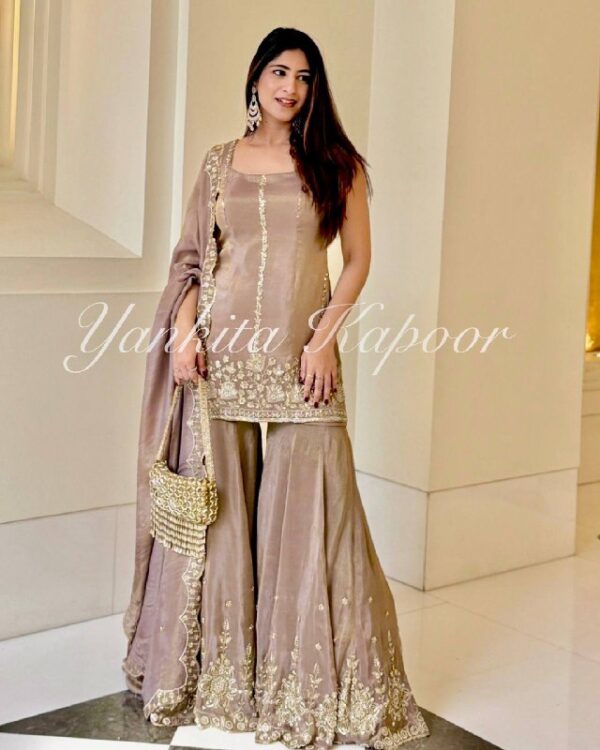 Champagne Gold Embroidered Sharara Set with Dupatta - Image 3