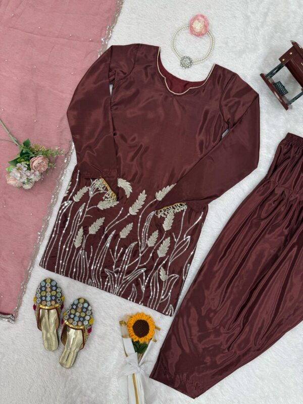 Chocolate Brown Embroidered Patiala Suit with Dupatta – Ethnic & Festive Wear - Image 4