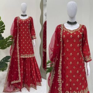 Bridal Red Heavy Embroidered Sharara Suit with Dupatta