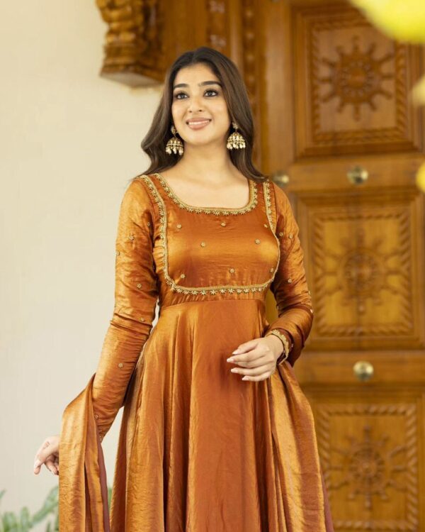 Rust Orange Silk Anarkali Suit with Embroidered Detailing & Dupatta - Image 8