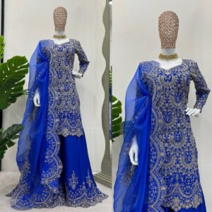 Royal Blue Heavy Embroidered Sharara Suit with Net Dupatta – Wedding & Festive Wear