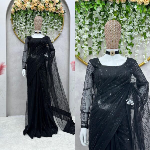 Designer Heavy Net Sequin Work Saree with Fancy Lace & Blouse