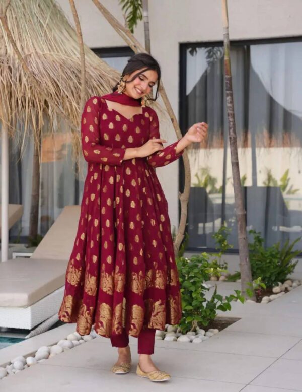 Maroon Georgette Anarkali Suit with Golden Zari Work & Dupatta - Image 5