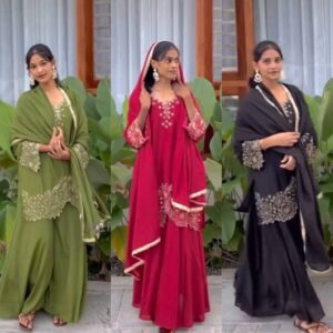 Elegant Embroidered Georgette Kurta Sharara Set with Dupatta – 3 Color Variants