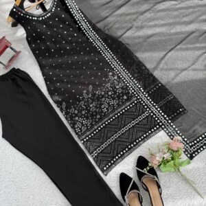 Black Mirror Work Sleeveless Kurta Set with Dupatta & Pants