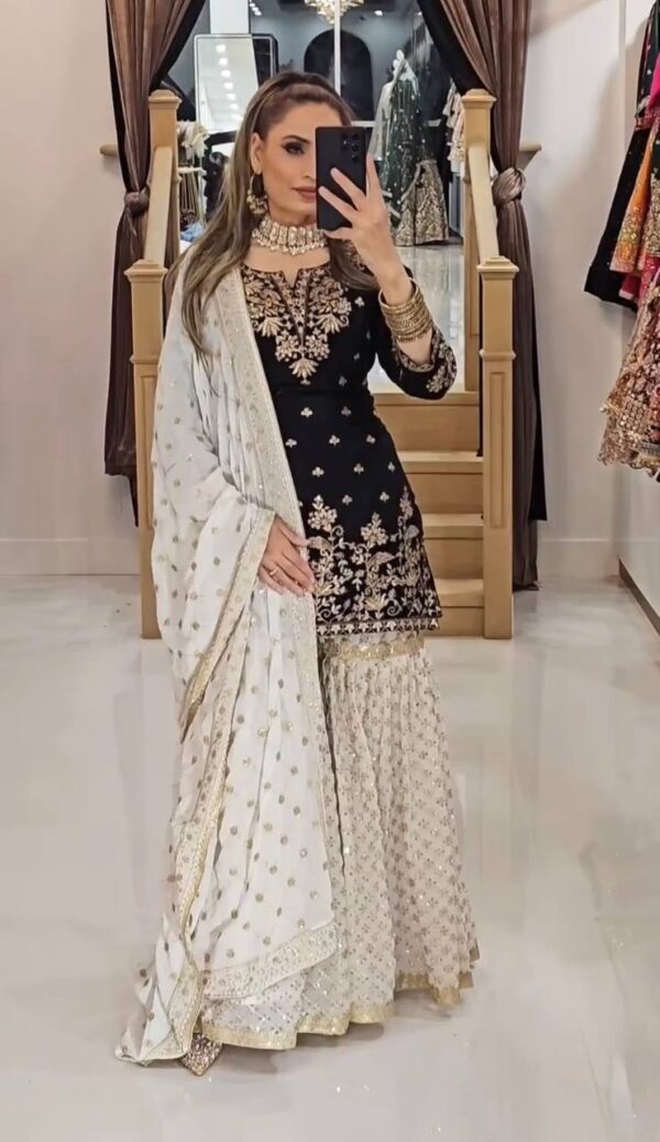 Embroidered Sharara Suit with White Net Dupatta - Image 7
