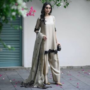 Elegant Beige Silk Suit Set with Black Lace Detailing & Dupatta