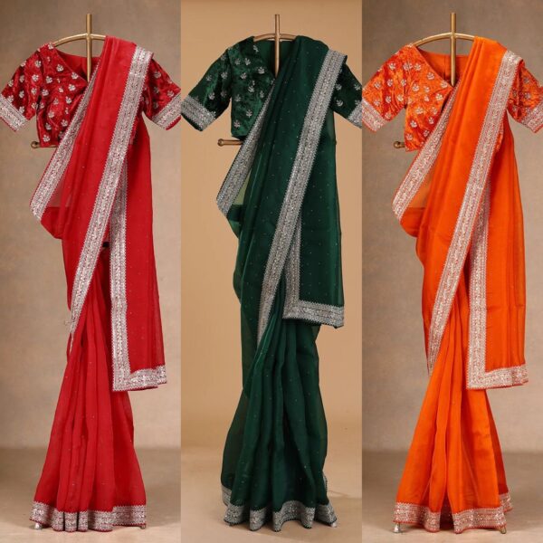 Elegant Designer Organza Silk Saree with Thread, Sequin & Diamond Work