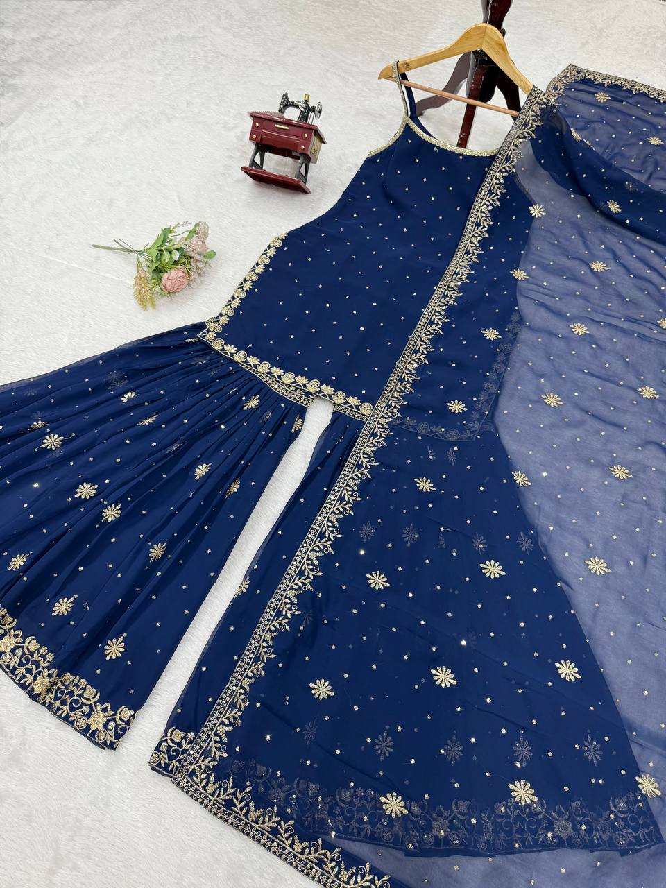 Elegant Midnight Blue Embroidered Sharara Set with Dupatta - Image 3