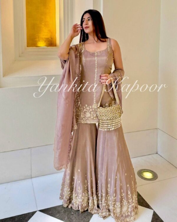 Champagne Gold Embroidered Sharara Set with Dupatta - Image 2