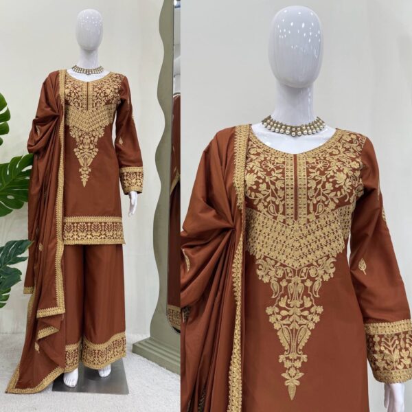 Coffee Brown Embroidered Silk Suit Set with Dupatta – Festive & Party Wear - Image 4