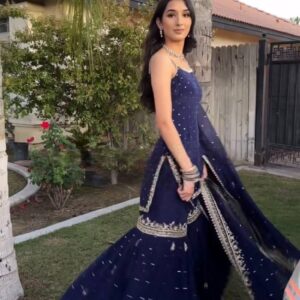 Elegant Midnight Blue Embroidered Sharara Set with Dupatta