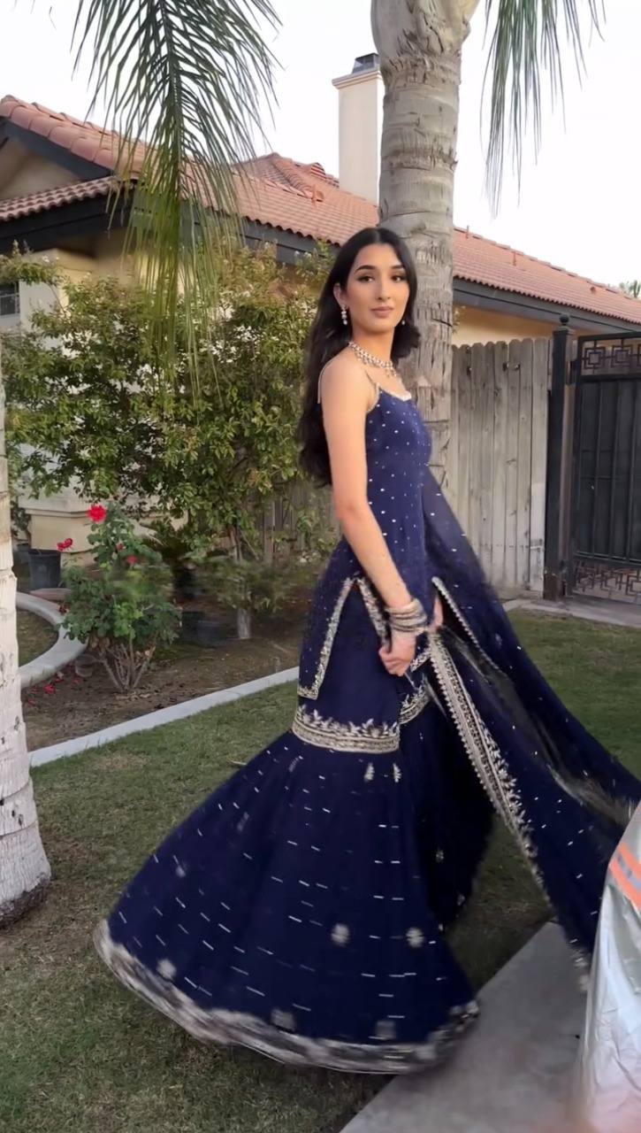Elegant Midnight Blue Embroidered Sharara Set with Dupatta