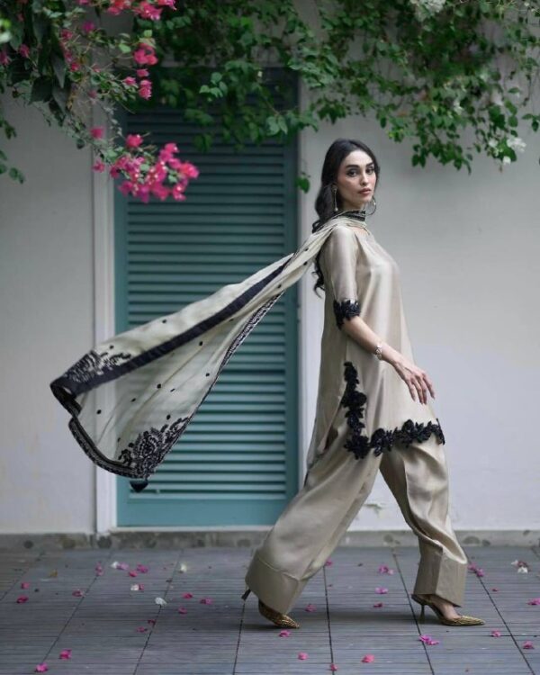 Elegant Beige Silk Suit Set with Black Lace Detailing & Dupatta - Image 2