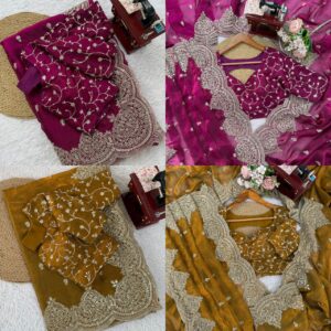 Designer Fendi Chiffon Saree with Thread & Sequins Embroidery