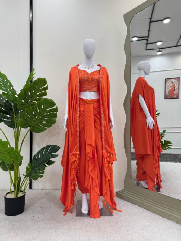 Elegant Rust Draped Saree Gown with Embroidered Blouse – Party & Festive Wear - Image 9