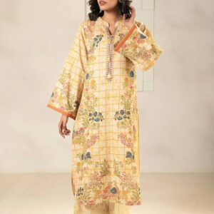 Pastel Yellow Floral Printed Cotton Kurti Set