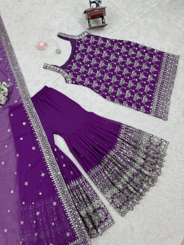 Royal Purple Embroidered Sharara Suit with Dupatta – Festive Ethnic Wear - Image 3