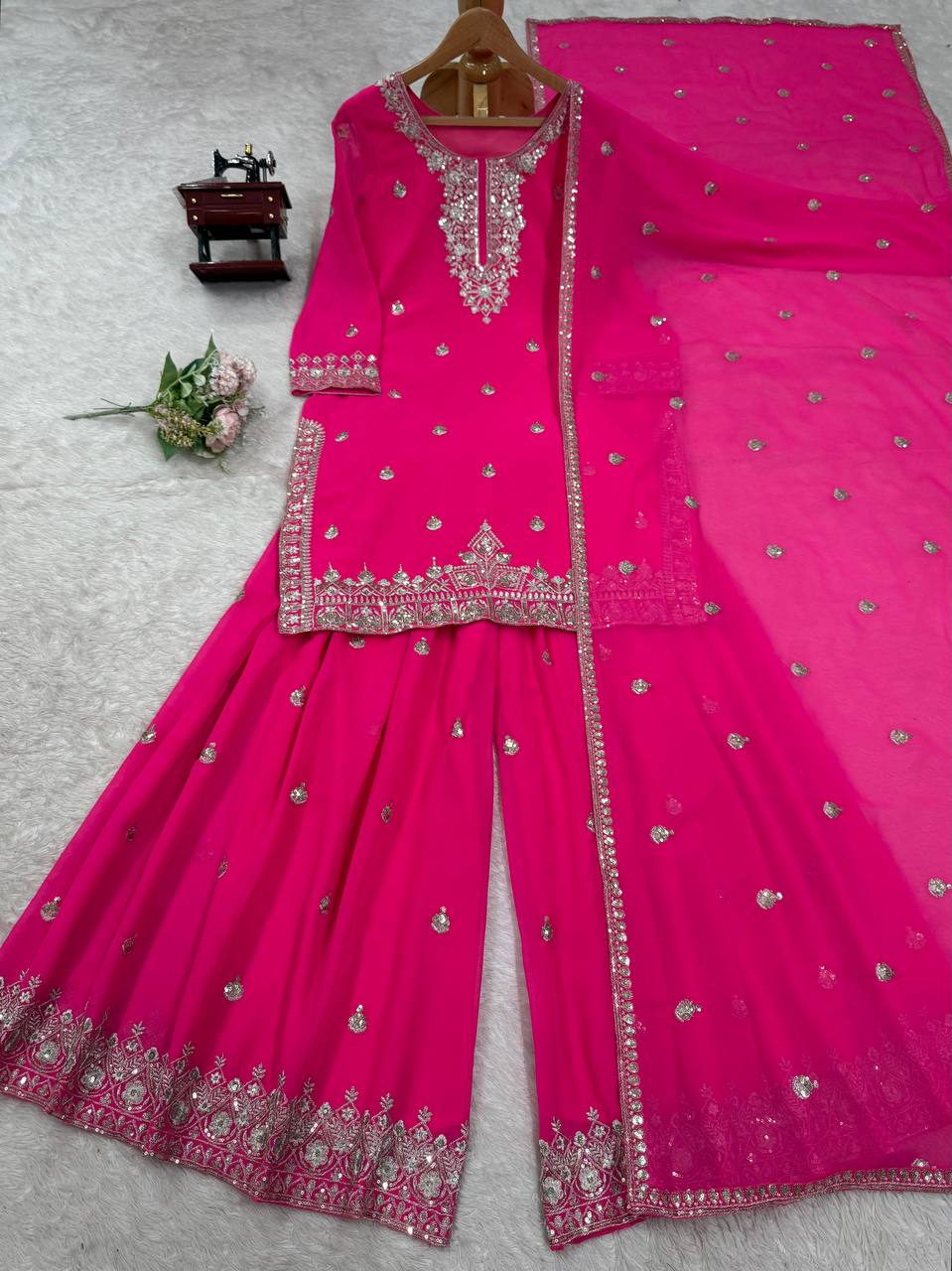 Hot Pink Embroidered Sharara Suit with Dupatta – Festive & Wedding Wear - Image 3