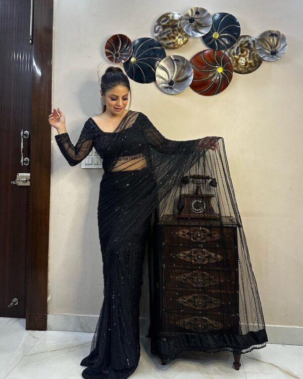 Designer Heavy Net Sequin Work Saree with Fancy Lace & Blouse - Image 5