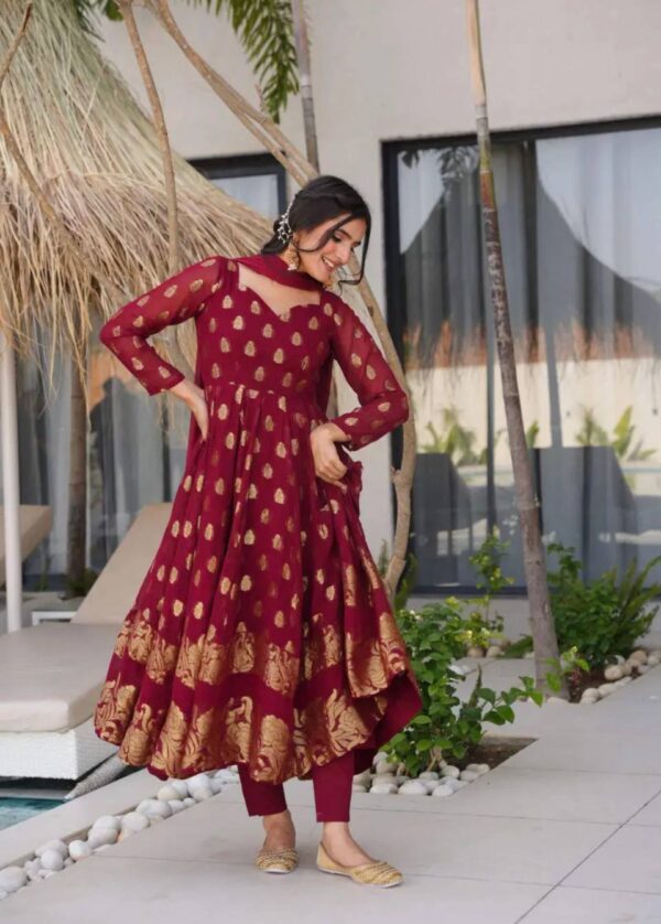Maroon Georgette Anarkali Suit with Golden Zari Work & Dupatta - Image 4