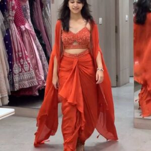 Elegant Rust Draped Saree Gown with Embroidered Blouse – Party & Festive Wear