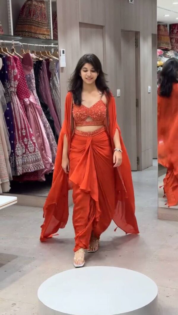 Elegant Rust Draped Saree Gown with Embroidered Blouse – Party & Festive Wear