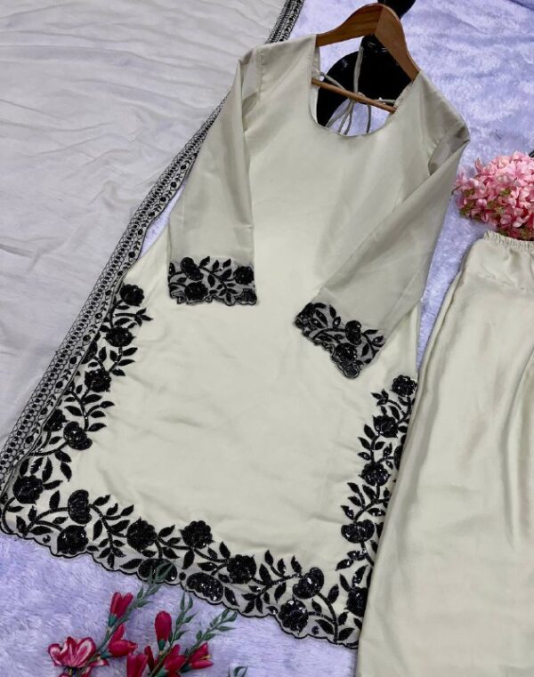 Elegant Beige Silk Suit Set with Black Lace Detailing & Dupatta - Image 4
