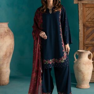Midnight Blue Embroidered Suit Set with Maroon Floral Dupatta