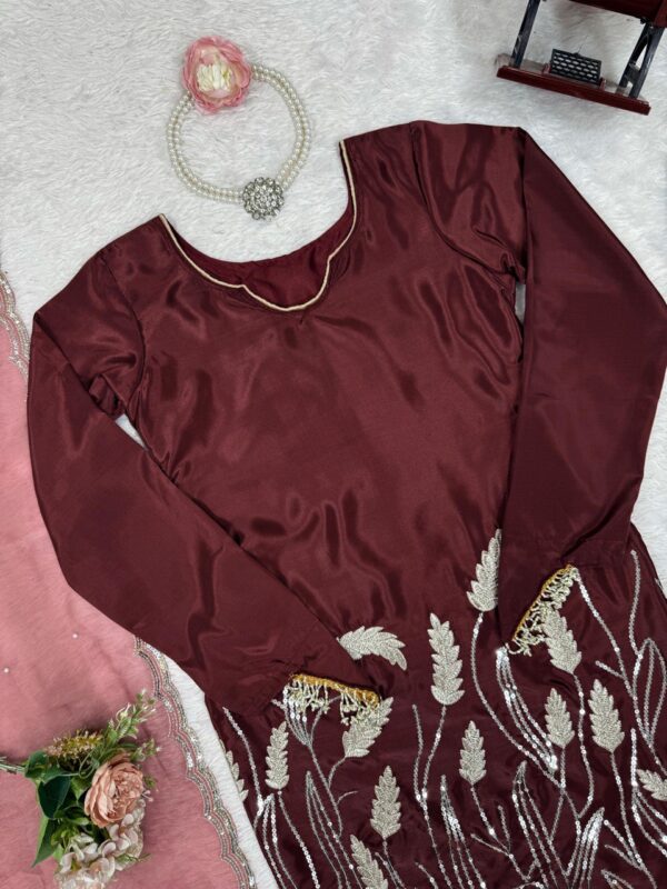 Chocolate Brown Embroidered Patiala Suit with Dupatta – Ethnic & Festive Wear - Image 5