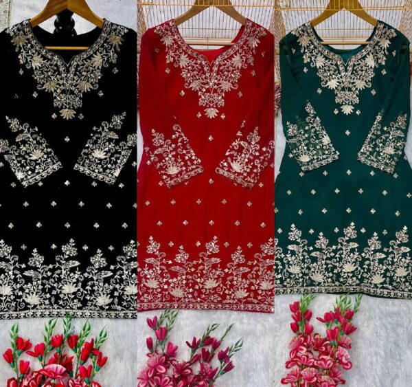 Embroidered Sharara Suit with White Net Dupatta - Image 3