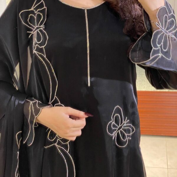 Elegant Black Butterfly Embroidered Organza Kurta Set with Dupatta - Image 2
