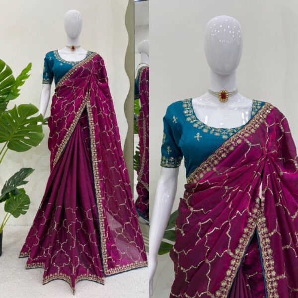 Elegant Designer Jimmy Chu Saree with Thread & Sequin Work and Mono Benglori Silk Blouse