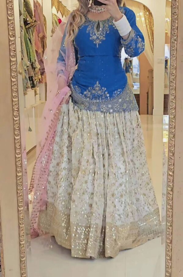 Royal Blue Embroidered Peplum Top with Mirror Work Lehenga and Net Dupatta - Image 2